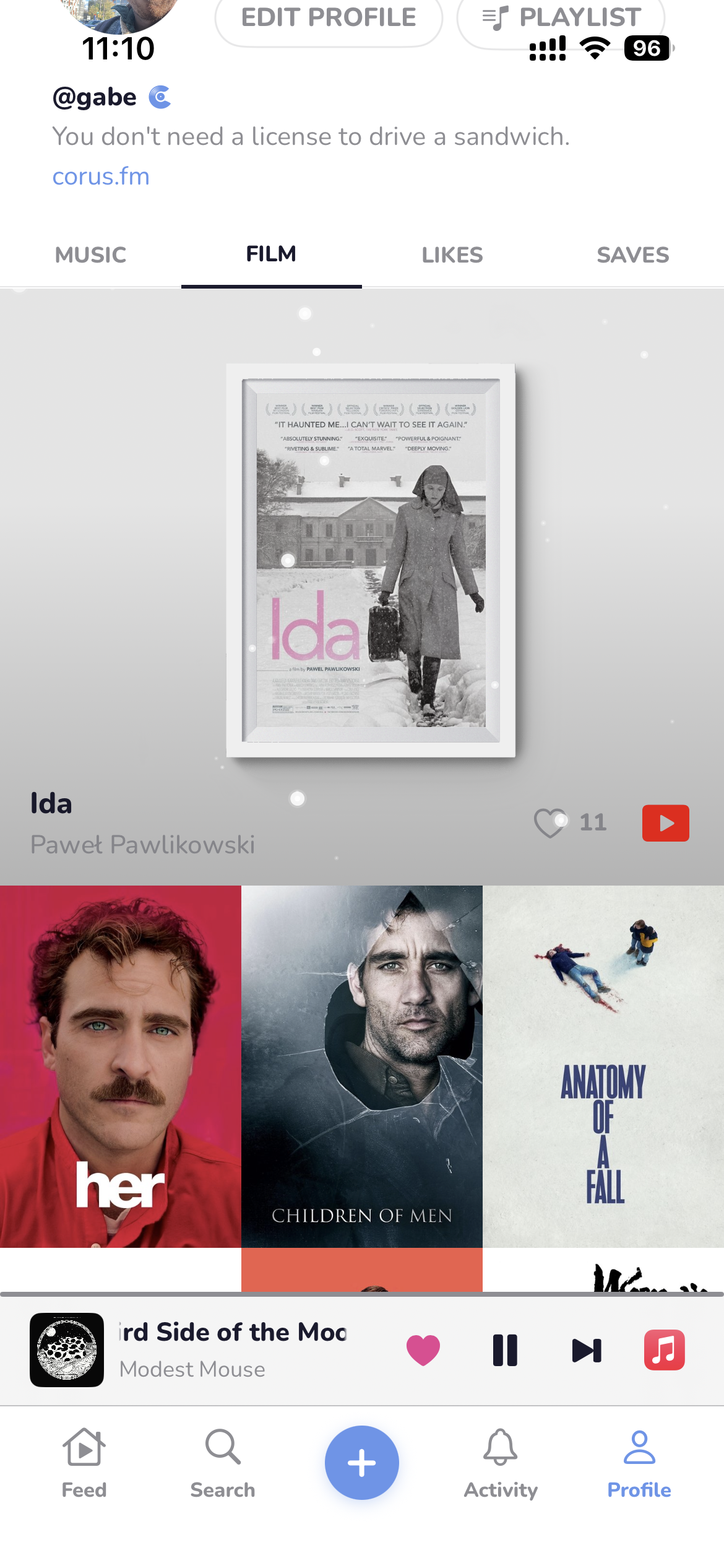 A Corus profile showing the Film tab with posted films.